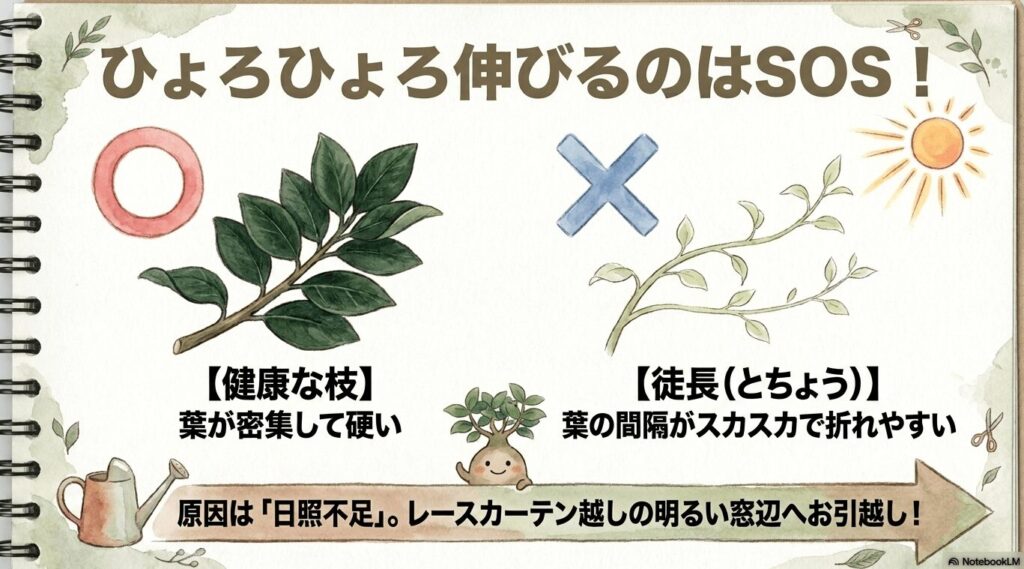 健康な枝は葉が密集して硬く、徒長した枝は葉の間隔がスカスカで折れやすい様子を示す比較イラスト