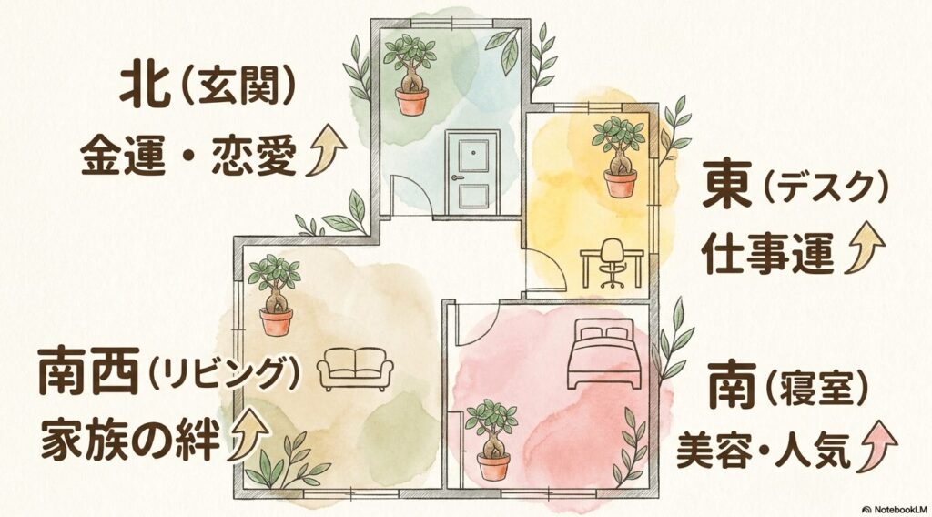 ガジュマルの風水効果を高める配置図。北の玄関は金運・恋愛、東のデスクは仕事運、南西のリビングは家族の絆、南の寝室は美容・人気を高める効果があることを示すイラスト。
