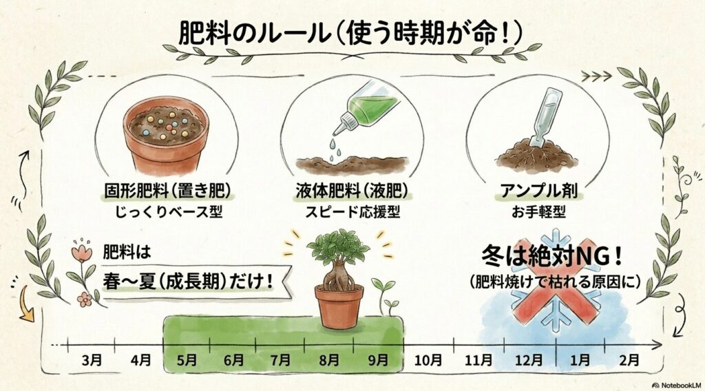 ガジュマルの肥料のルール。肥料は春から夏の成長期だけ与え、冬の休眠期は肥料焼けで枯れる原因になるため絶対に与えないこと。固形肥料、液体肥料、アンプル剤の使い分けを図解。