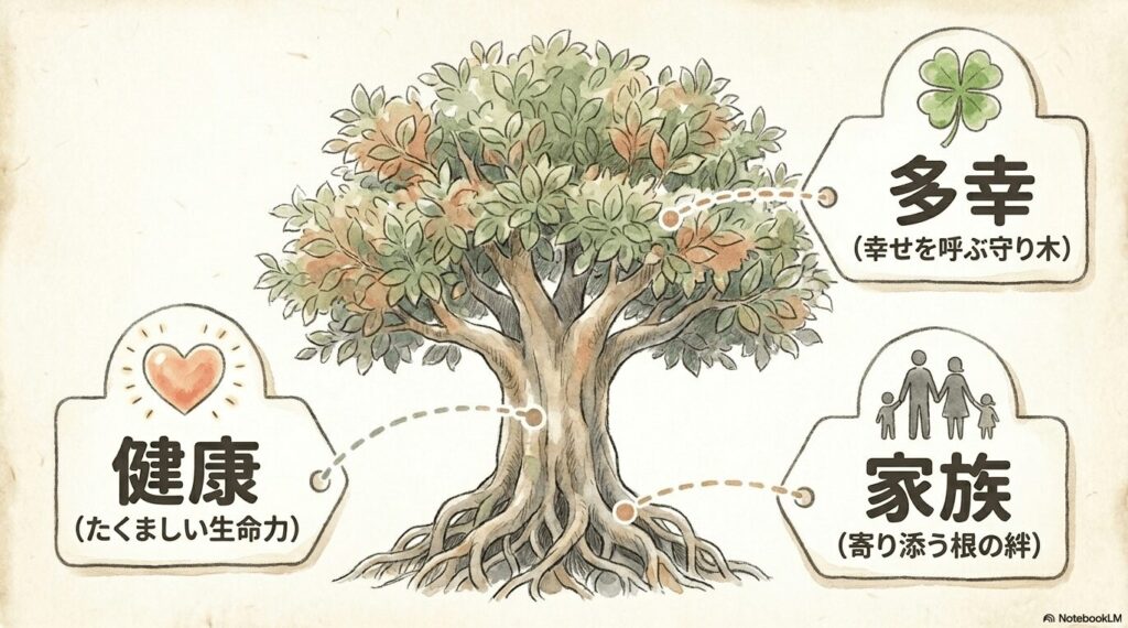 ガジュマルの前向きな花言葉の図解。健康（たくましい生命力）、多幸（幸せを呼ぶ守り木）、家族（寄り添う根の絆）という3つの意味を記載。
