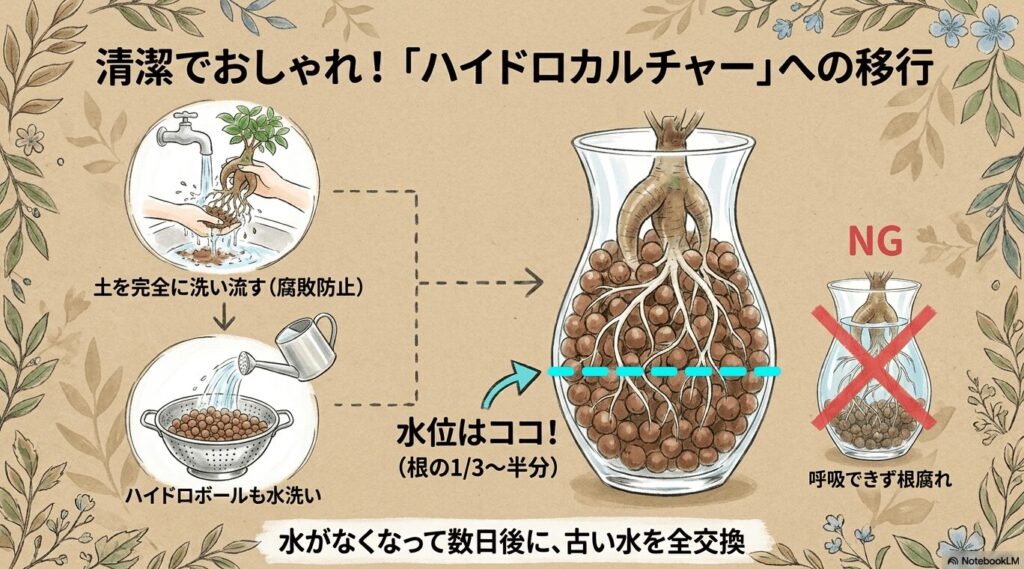 ガジュマルを清潔でおしゃれなハイドロカルチャーへ移行する方法。土を完全に洗い流し、水洗いしたハイドロボールを使用する。水位は根の3分の1から半分に保ち、水がなくなって数日後に古い水を全交換する。