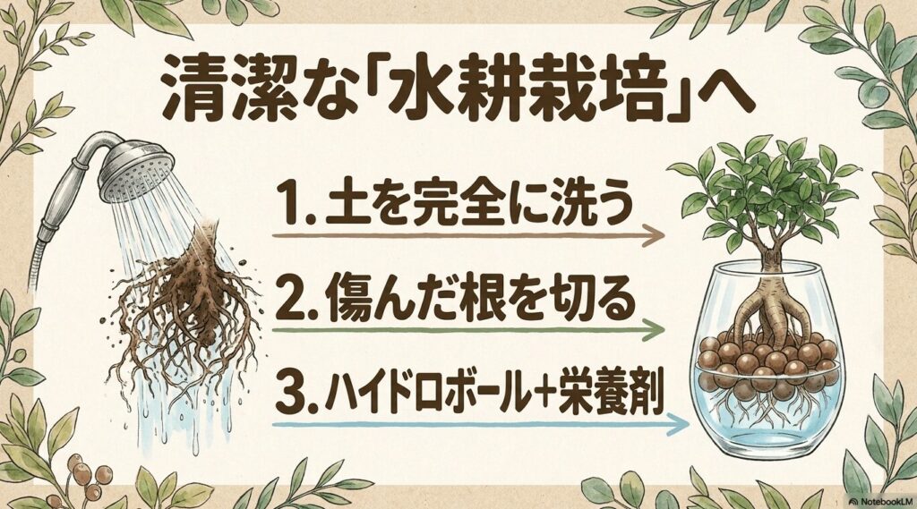 透明なグラスにハイドロボールで植えられたガジュマルのイラスト。土を完全に洗い、傷んだ根を切り、ハイドロボールと栄養剤で清潔な水耕栽培へ移行する手順を説明しています。