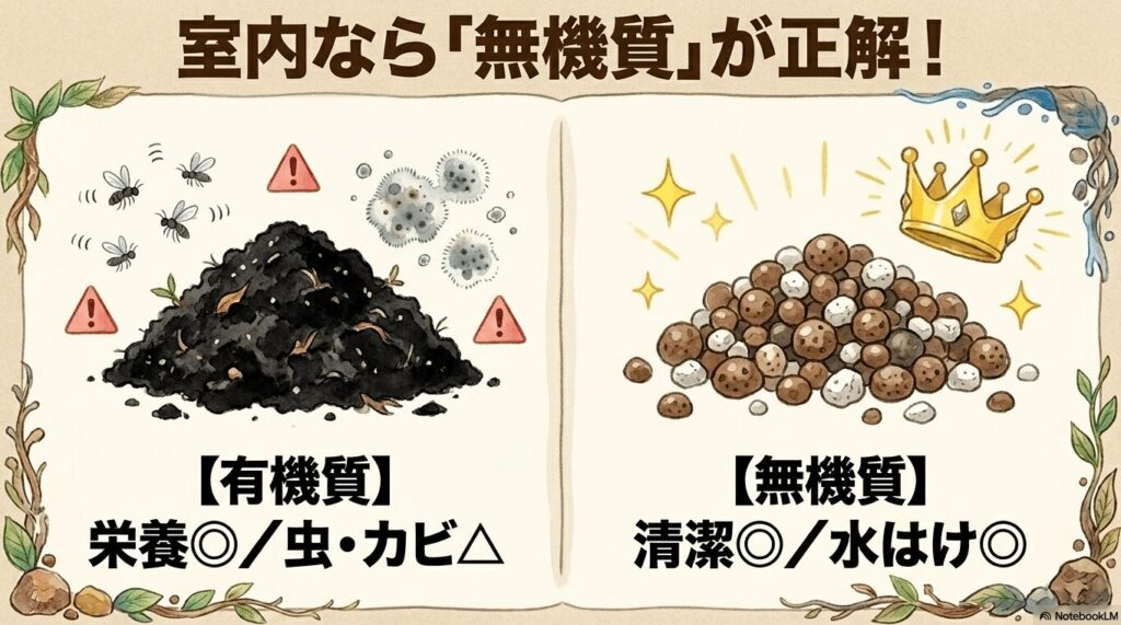 虫やカビが湧きやすい有機質の土と、王冠が乗って輝く清潔な無機質の土の比較イラスト。室内栽培なら清潔で水はけの良い無機質が正解であることを示しています。