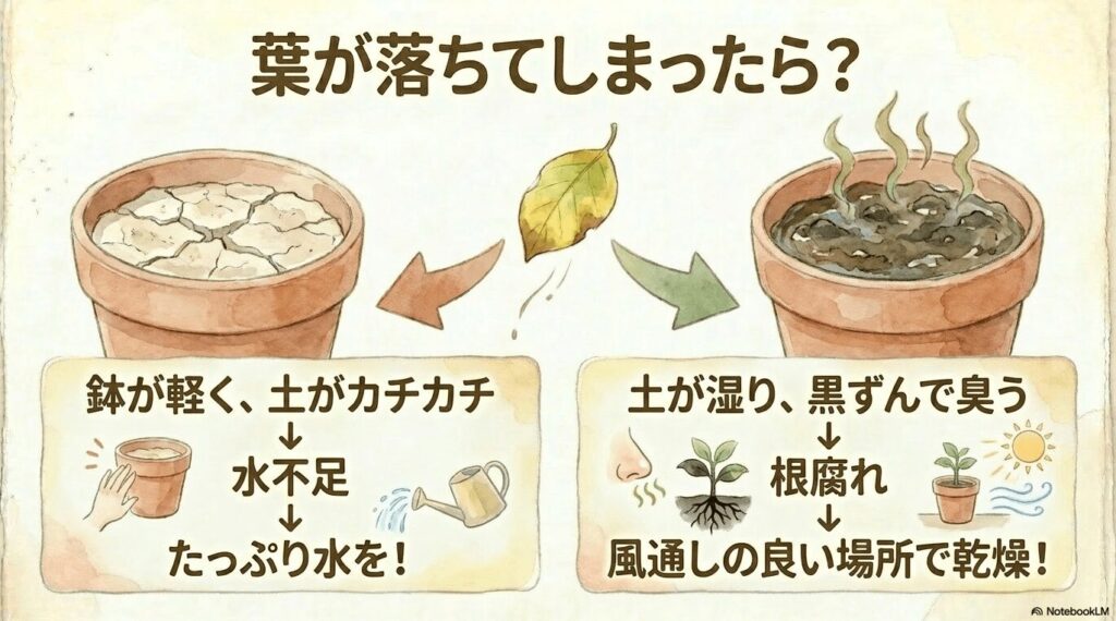 黒ずんで嫌な臭いのする土から湯気が出ているイラスト。鉢が軽く土がカチカチなら水不足、土が湿り黒ずんで臭うなら根腐れという、葉が落ちた際の原因と対策が書かれている。