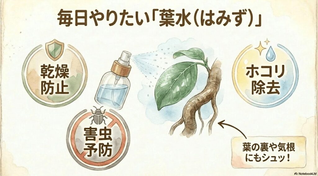 ガジュマルの葉に霧吹きで水をかけているイラスト。乾燥防止、害虫予防、ホコリ除去の効果があり、葉の裏や気根にもかけるというポイントが書かれている。