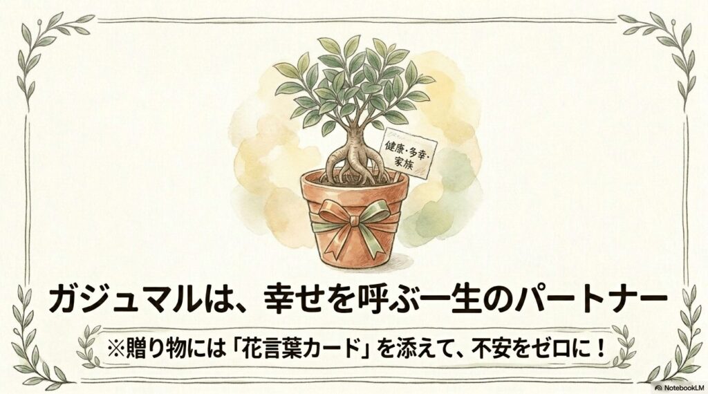 健康・多幸・家族の言葉と鉢植えのイラスト。ガジュマルは幸せを呼ぶ一生のパートナーであり、贈り物には花言葉カードを添えて相手の不安をゼロにしようというメッセージ。