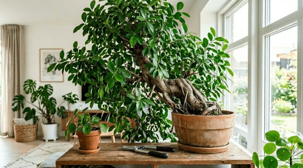 明るいリビングの窓際で大きくなりすぎたガジュマルの鉢植えと、手前の木製テーブルに準備された剪定バサミ
