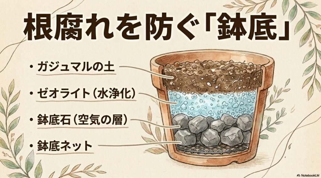 下から鉢底ネット、空気の層を作る鉢底石、水を浄化するゼオライト、ガジュマルの土の順番に重ねて根腐れを防ぐ、鉢底の構造を説明するテキストスライド。