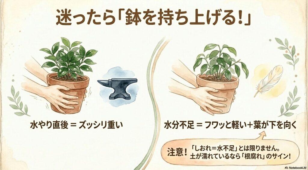両手で鉢を持ち上げているイラスト。水やり直後はズッシリ重く、水分不足時はフワッと軽いこと、しおれが必ずしも水不足ではなく根腐れのサインでもあることへの注意喚起が記載されている。