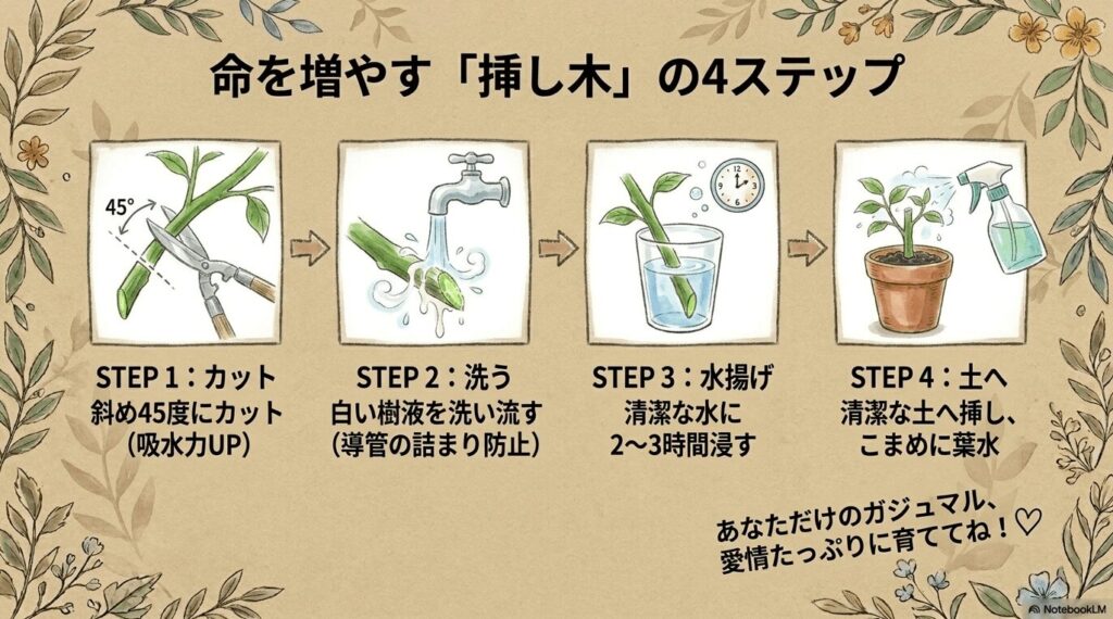 ガジュマルの命を増やす挿し木の4ステップ。枝を斜め45度にカットして吸水力を高め、白い樹液を洗い流して導管の詰まりを防ぐ。清潔な水に2〜3時間浸して水揚げした後、清潔な土へ挿してこまめに葉水をする。