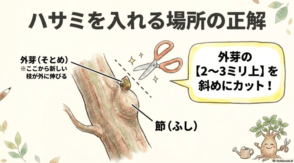 枝の節から2〜3ミリ上を斜めにカットすることで、新しい枝の方向をコントロールできることを示す図解
