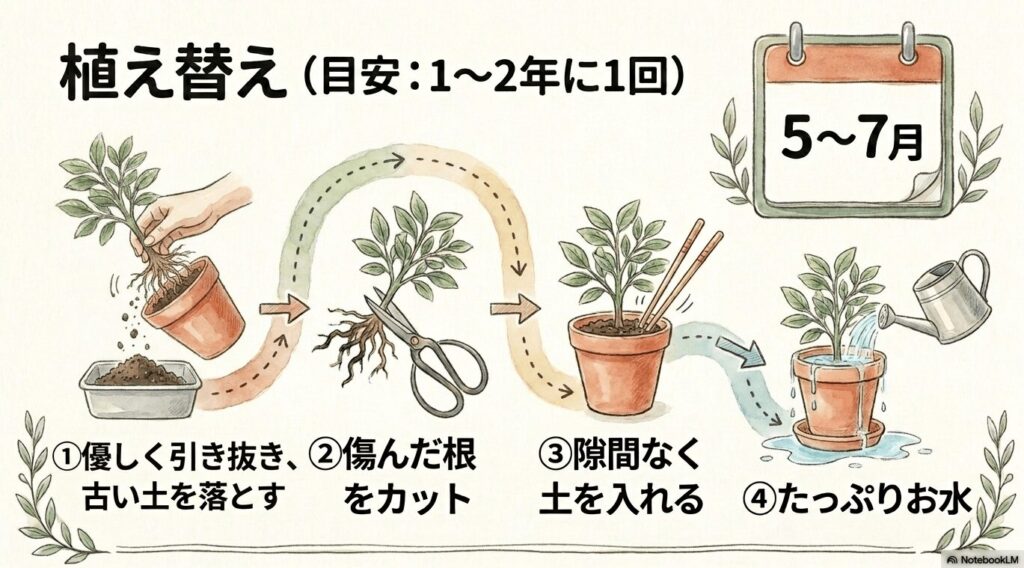 ガジュマルの植え替え手順の図解。目安は1〜2年に1回、時期は5〜7月。優しく引き抜き古い土を落とす、傷んだ根をカットする、隙間なく土を入れる、たっぷり水を与えるという4ステップ。