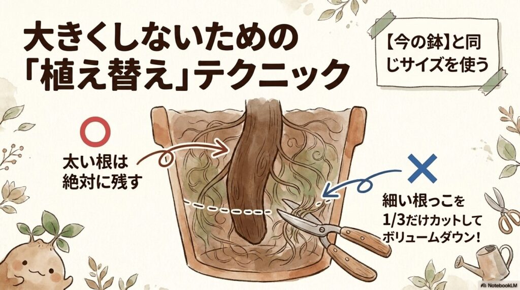 鉢から出したガジュマルの古い土を落とし、細い根っこを全体の3分の1だけカットする手順を示すイラスト