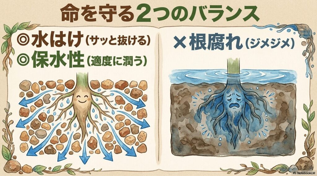 鉢の中で水に浸かり苦しんでいるガジュマルの根のイラスト。サッと抜ける水はけと適度に潤う保水性のバランスが、根腐れを防ぎ命を守ることを解説しています。