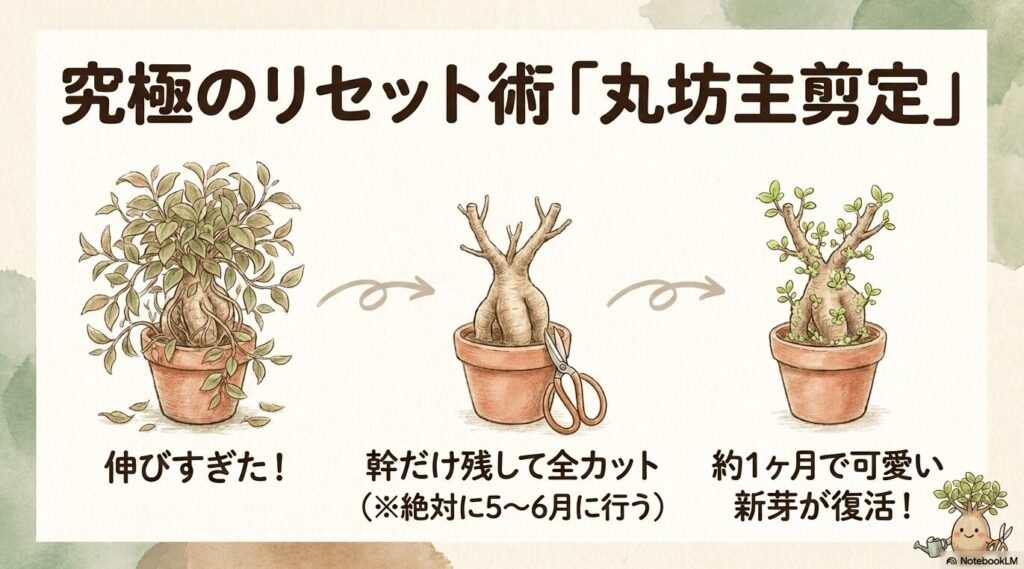 丸坊主剪定で枝を全カットしたガジュマルが、約1ヶ月後に新芽を出して復活する様子を描いた3段階のイラスト