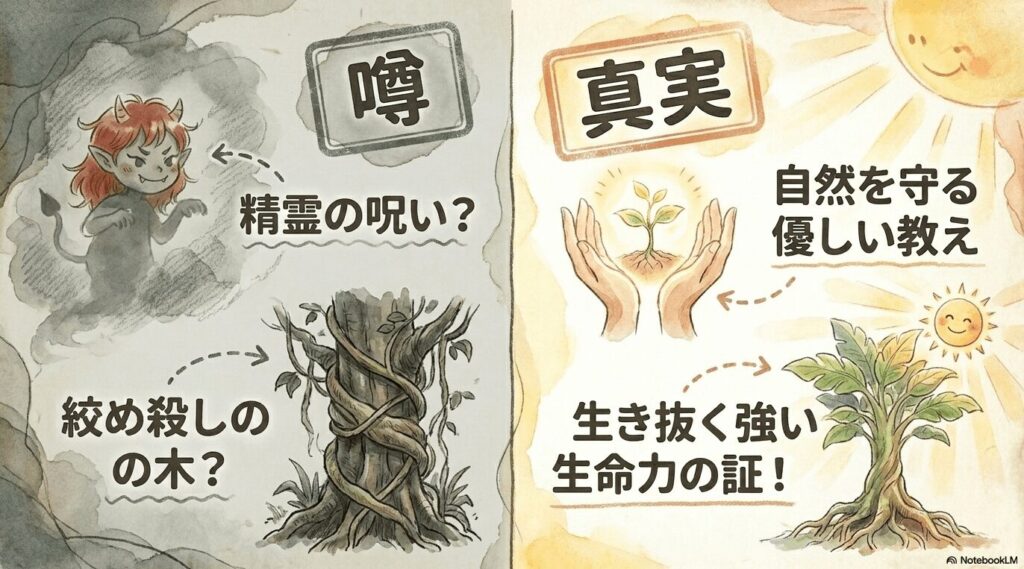 精霊の呪いや絞め殺しの木といった怖い噂と真実の対比図解。噂の真実は、自然を守る優しい教えであり、生き抜く強い生命力の証であることを表したイラスト。