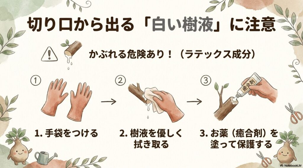 ガジュマルの剪定時に出るラテックス成分を含んだ白い樹液でかぶれないよう、「1.手袋をつける」「2.樹液を優しく拭き取る」「3.癒合剤を塗って保護する」という3つの安全対策ステップを図解したスライド