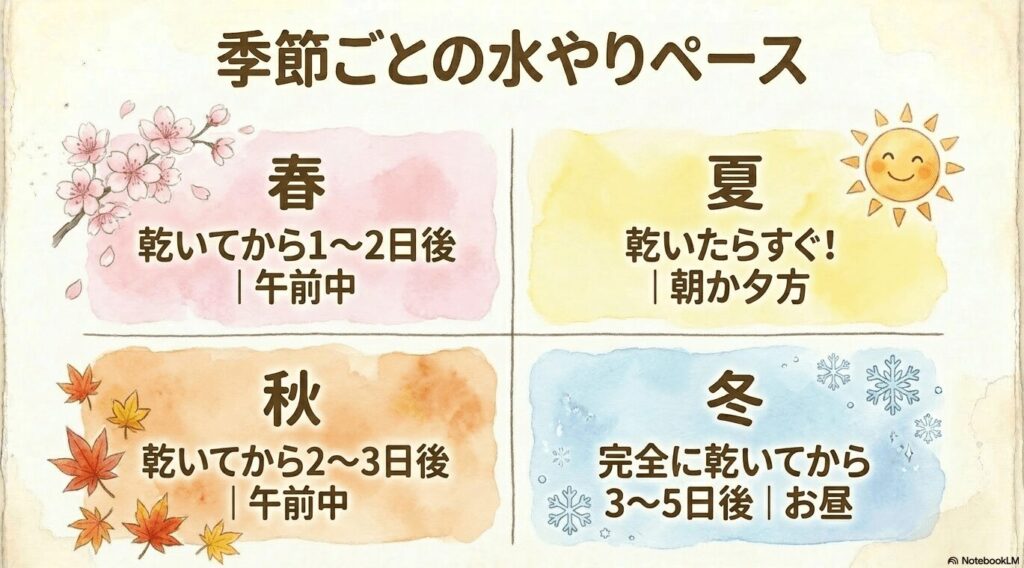 春夏秋冬のガジュマルの水やりペースをまとめた表。春は乾いてから1〜2日後、夏は乾いたらすぐ、秋は乾いてから2〜3日後、冬は完全に乾いてから3〜5日後という目安が記載されている。