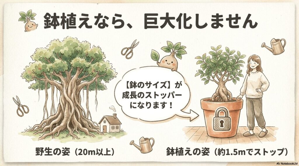 野生のガジュマルは20メートル以上になるが、室内で鉢植えにすると1.5メートルから2メートルで成長が止まることを示す比較イラスト