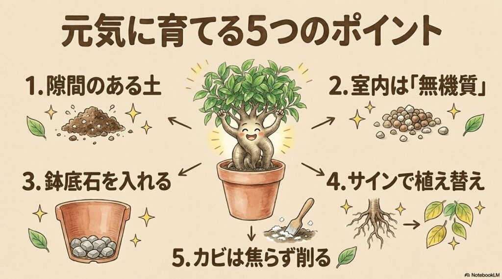 隙間のある土を使う、室内は無機質、鉢底石を入れる、サインで植え替え、カビは焦らず削るという、ガジュマルを元気に育てるための5つのポイントのまとめスライド。