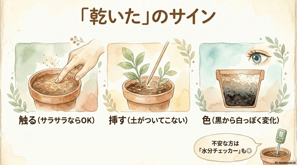 土の乾き具合を確認する3つの方法（触る、竹串を挿す、色を見る）と、鉢に挿して使う緑色の水分チェッカーのイラスト。
