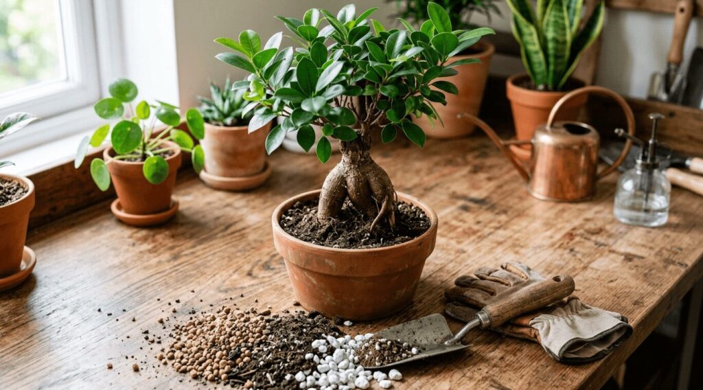 窓際の木製テーブルに置かれた健康なガジュマルの鉢植えと、その手前に広げられた数種類のガジュマルの土（赤玉土や軽石など）、スコップ、園芸用手袋。