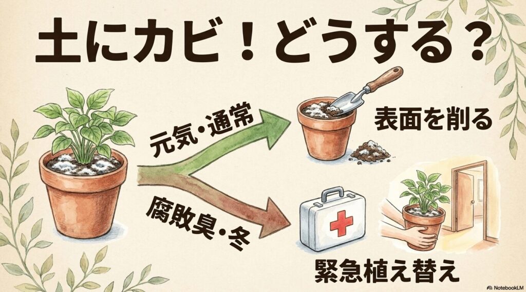 救急箱とガジュマルの鉢を運ぶイラスト。通常の元気な株は表面を削るだけ、腐敗臭がする冬の緊急時は植え替えを行うことを説明しています。