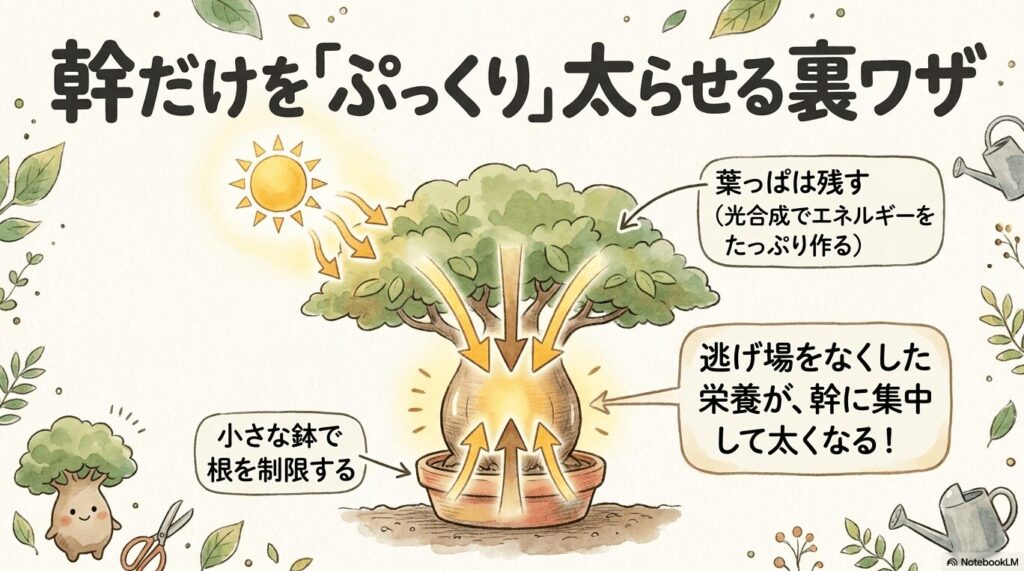 葉っぱを残して光合成でエネルギーをたっぷり作りつつ、小さな鉢で根の成長を制限することで、逃げ場をなくした栄養が幹に集中してぷっくりと太くなる仕組みのイラスト
