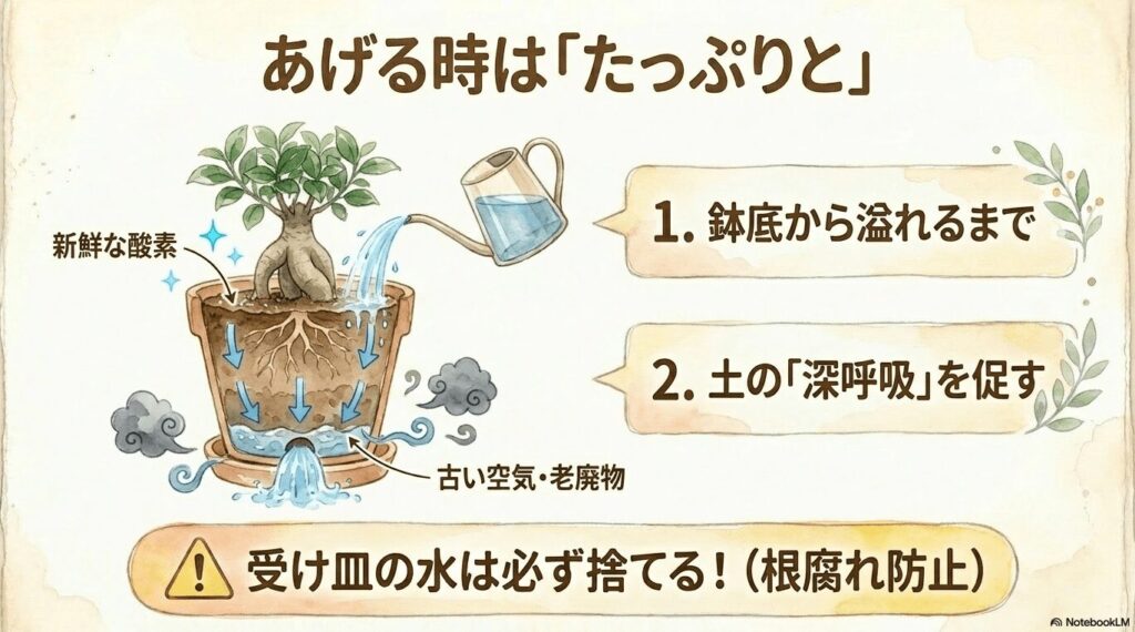 鉢の中に水が通り抜け、鉢底から古い空気や老廃物が押し出されるメカニズムを図解したイラスト。受け皿の水は必ず捨てるよう注意書きがある。