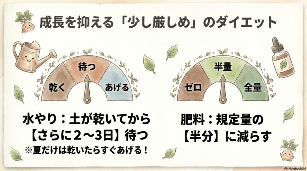 ガジュマルの成長を抑えるための「少し厳しめのダイエット」として、水やりは土が乾いてからさらに2〜3日待ち（夏はすぐあげる）、肥料は規定量の半分に減らすというコツをまとめたスライド