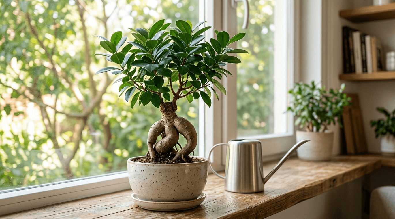 明るい窓辺に置かれたふっくらとした気根を持つ元気なガジュマルの鉢植えと、シルバーの細口ジョウロ。正しい「ガジュマル 水やり 頻度」と季節ごとのタイミングを解説する記事のアイキャッチ画像。