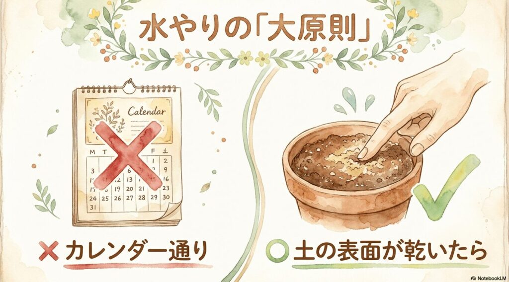 水やりの大原則を説明したイラスト。カレンダー通りの水やりはバツ、土の表面が乾いたらあげるのがマルと記載されている。