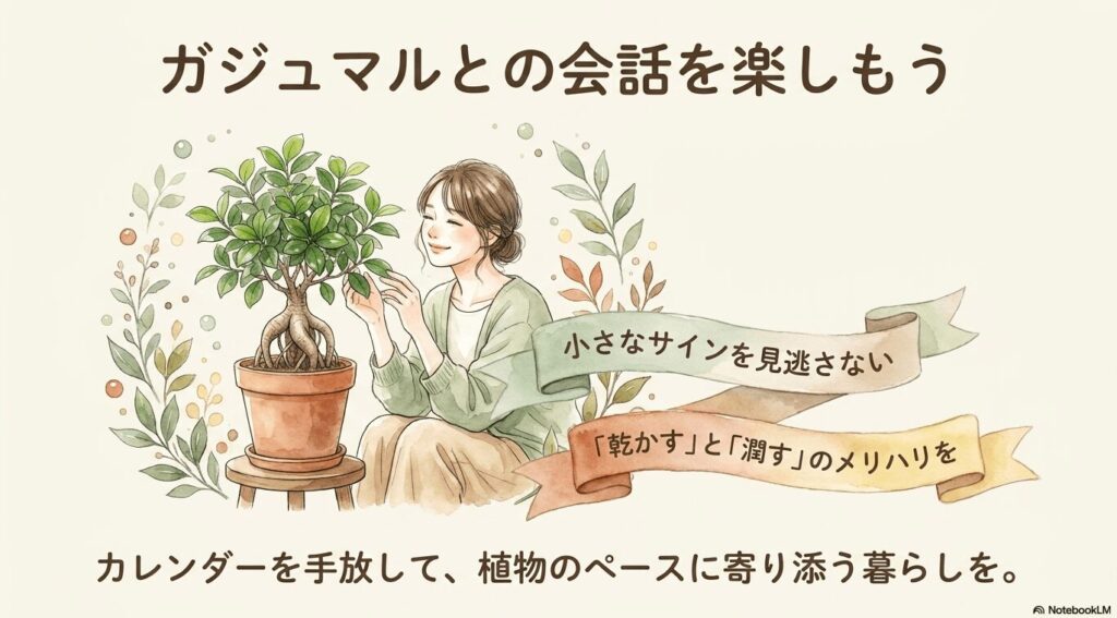 ガジュマルの葉に優しく触れて微笑む女性のイラスト。「小さなサインを見逃さない」「乾かすと潤すのメリハリを」「カレンダーを手放して、植物のペースに寄り添う暮らしを」というメッセージ。