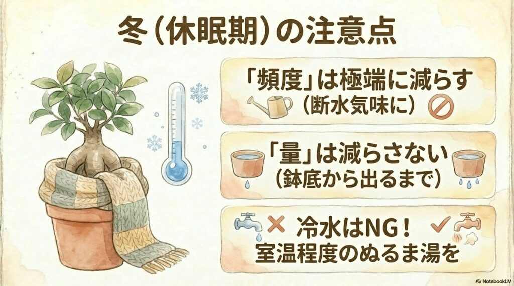 マフラーを巻いたガジュマルの鉢植えと温度計のイラスト。頻度は極端に減らし、量は減らさないこと、冷水はNGで室温程度のぬるま湯を与えるよう解説されている。