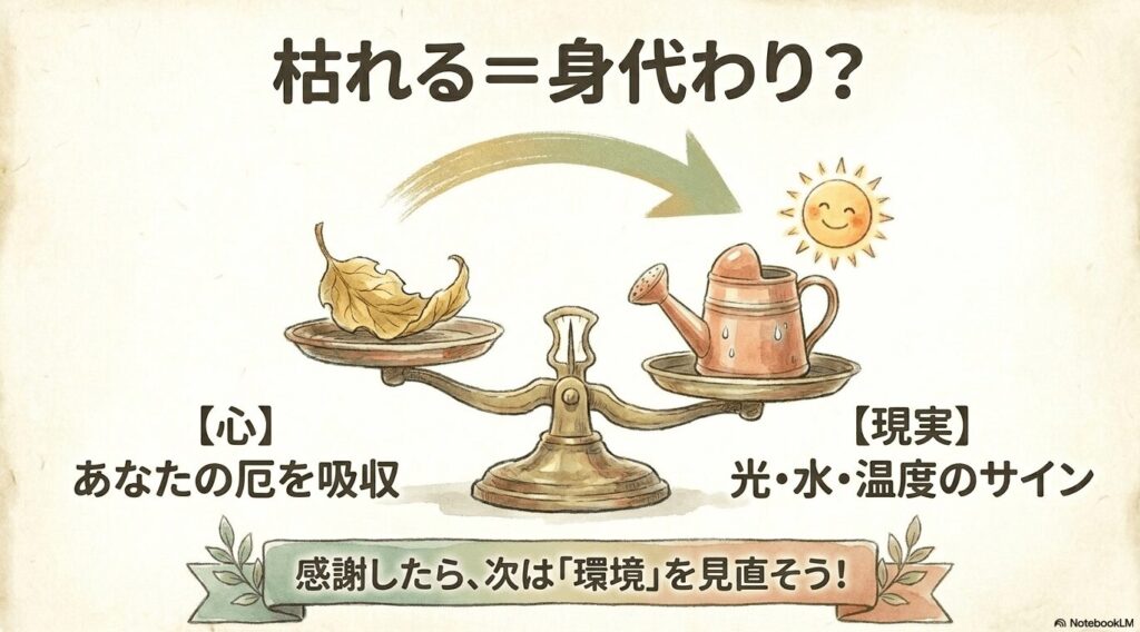 ガジュマルが枯れる理由についての図解。心（スピリチュアル）の面ではあなたの厄を吸収する身代わり、現実の面では光・水・温度のサインであり、感謝した後は環境を見直そうというメッセージ。