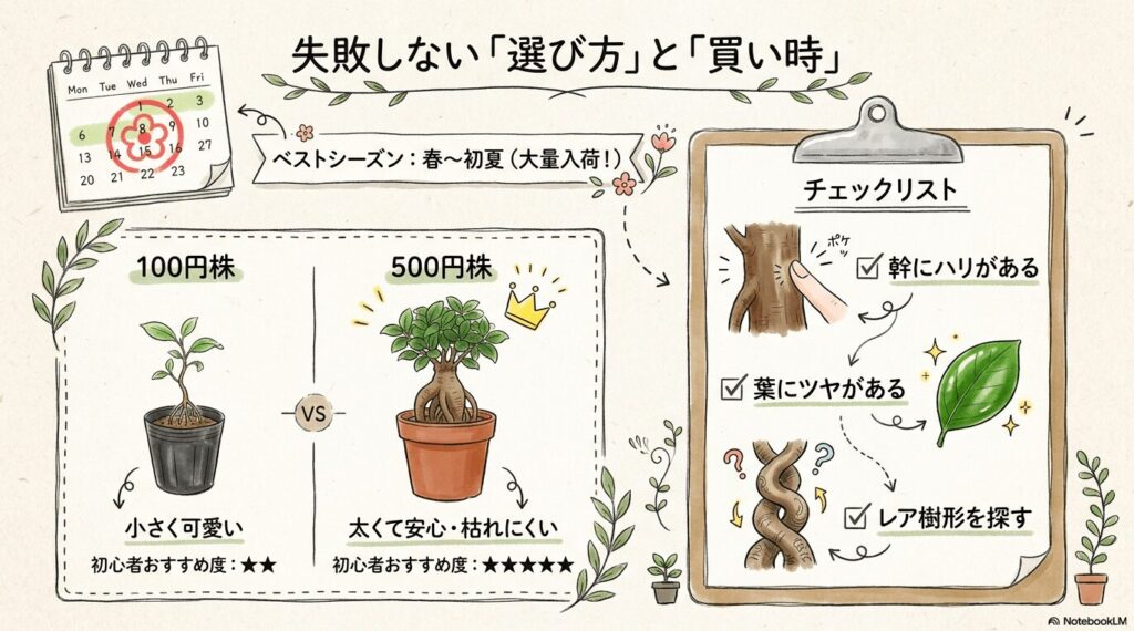 ガジュマルの失敗しない選び方と買い時。ベストシーズンは春から初夏。100円株と500円株のメリット比較や、幹にハリがあり葉にツヤがある健康な株を見極めるチェックポイント。