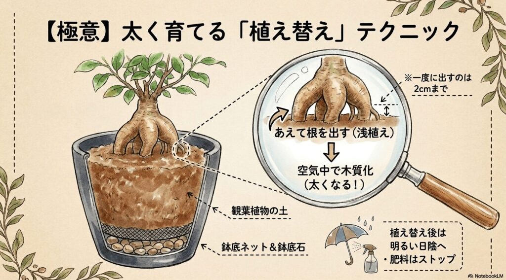 ガジュマルを太く育てる植え替えの極意。根をあえて2cmまで地上に出す「浅植え」にすることで空気中で木質化を促す。鉢底ネットと鉢底石を使用し、植え替え後は明るい日陰に置いて肥料はストップする。