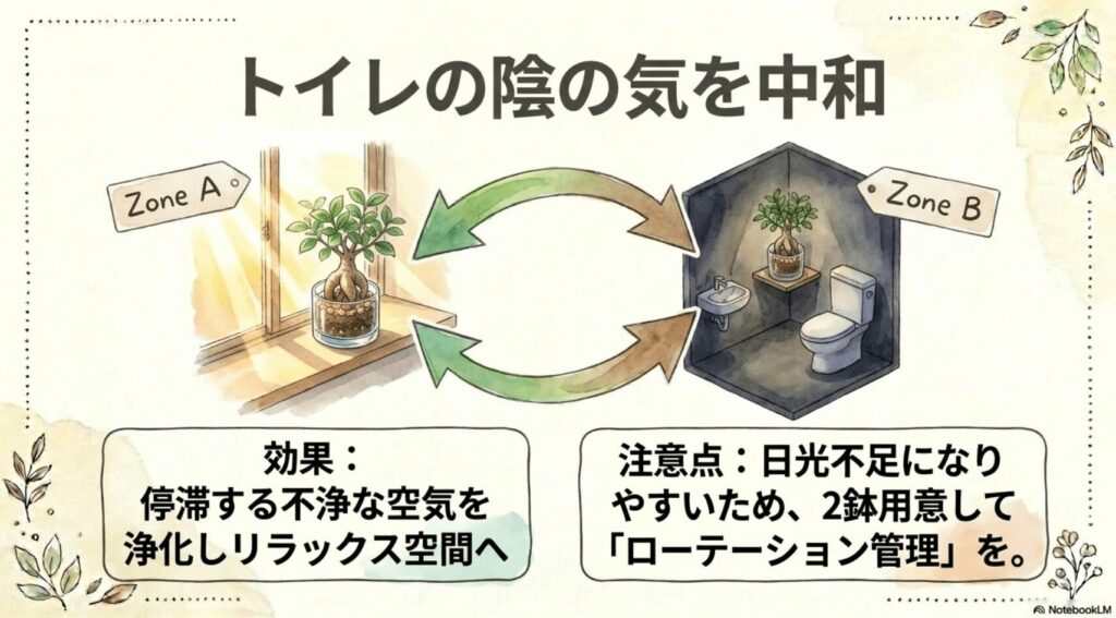 トイレの陰の気を中和する効果を示す図。停滞する不浄な空気を浄化しリラックス空間へ変える効果と、日光不足になりやすいため2鉢用意してローテーション管理をする注意点を解説。
