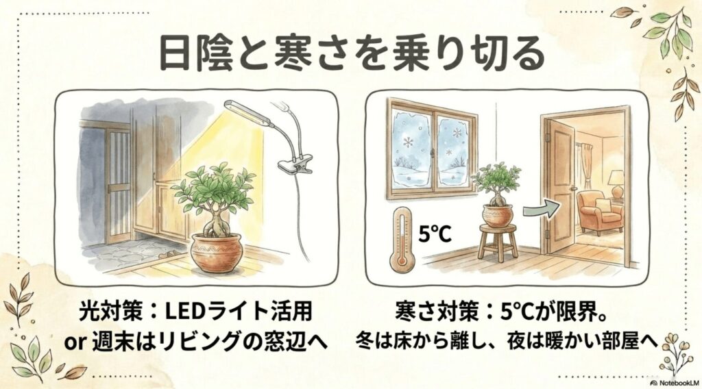 玄関の日陰と寒さを乗り切るための対策図。光対策としてLEDライトの活用や週末にリビングの窓辺に置く様子、寒さ対策として5度が限界であり冬は床から離して夜は暖かい部屋へ移す様子をイラストで解説。