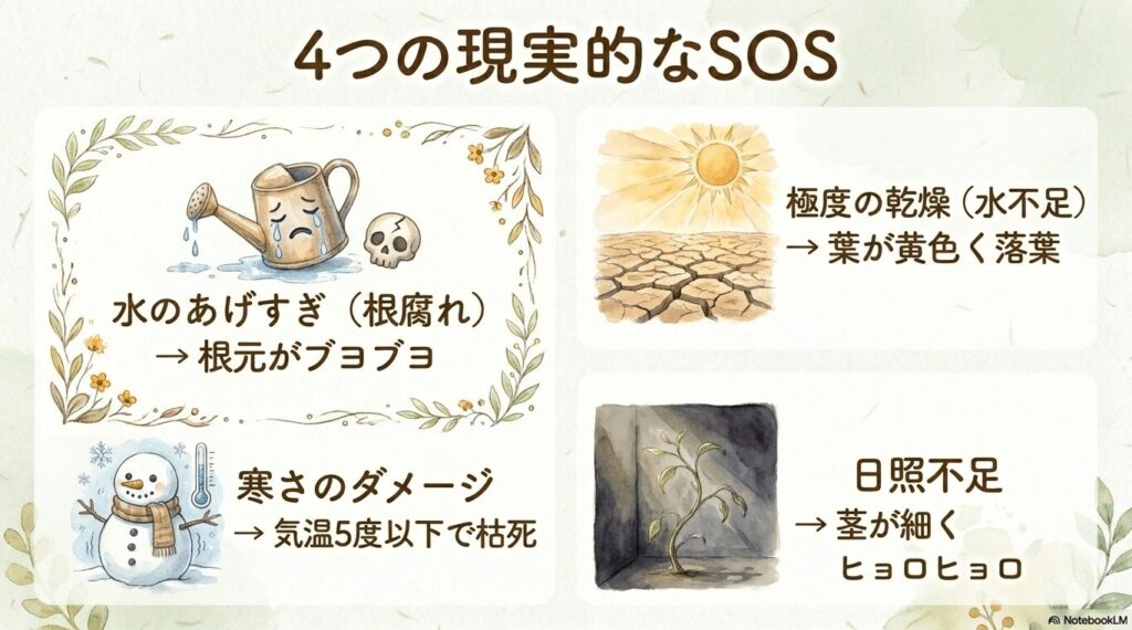 寒さを表す雪だるまのイラストと、パキラが枯れる4つの現実的なSOS（水のあげすぎによる根腐れ、寒さのダメージ、極度の乾燥、日照不足）の症状をまとめたスライド