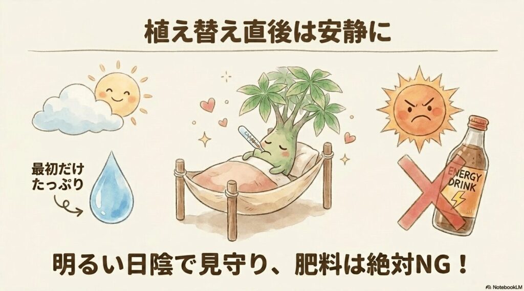 植え替え直後は安静にという文字と、ハンモックで体温計をくわえて休んでいるパキラのイラスト。最初だけ水はたっぷりと与え、明るい日陰で見守り、エナジードリンク（肥料）は絶対NGであることが示されている。