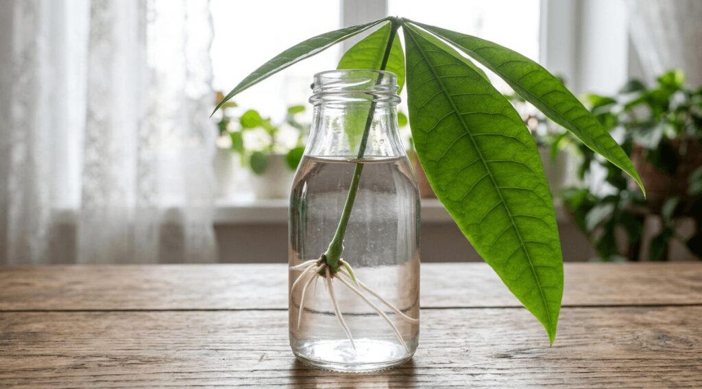 水差しされて根は出ているが新芽は出ていない、パキラの葉だけの挿し木