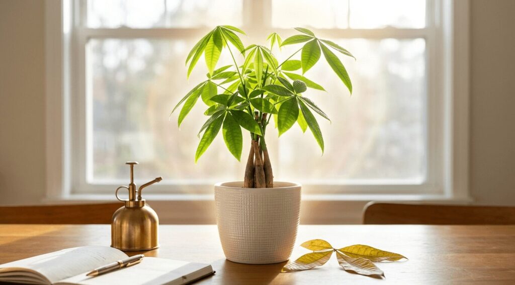 窓からの優しい光に包まれたパキラと、テーブルに落ちた黄色く枯れた葉。パキラが枯れる現象に込められたスピリチュアルなメッセージや身代わりの意味を解説するアイキャッチ画像。