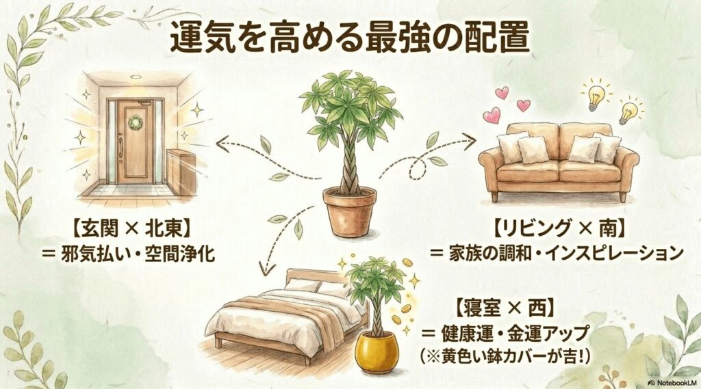 光り輝く綺麗な玄関のドアのイラスト。「玄関×北東は邪気払い、リビング×南は家族の調和、寝室×西は健康運・金運アップ」といった、パキラの運気を高める最強の配置を一覧にしたスライド