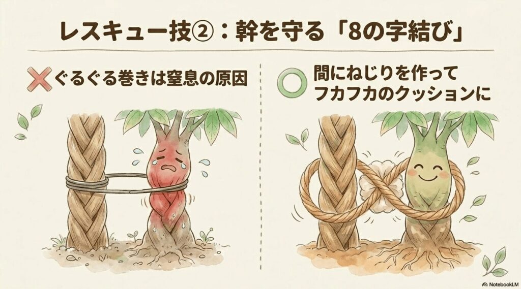 レスキュー技2「幹を守る8の字結び」。左側には紐で幹をぐるぐる巻きにしてパキラが苦しんでいる様子、右側には支柱と幹の間に紐のねじりを作ってフカフカのクッションにし、パキラが笑顔になっている8の字結びのイラスト。