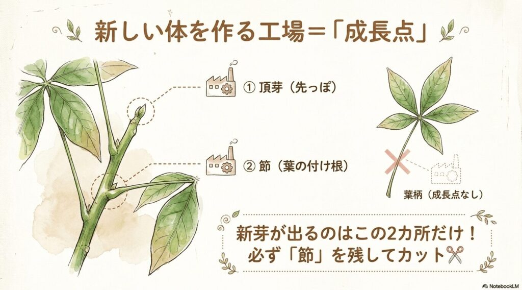 パキラの新しい体を作る工場「成長点」の位置を図解。一番先の頂芽と葉の付け根の節にのみ成長点があり、葉柄には成長点がないことを示すイラスト。新芽が出るのはこの2箇所だけなので必ず節を残してカットするよう解説。