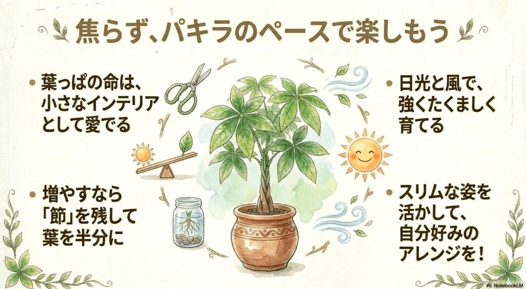焦らずパキラのペースで楽しむポイントのまとめ図解 。葉っぱの命を愛でる、増やすなら節を残して葉を半分にする、日光と風で育てる、スリムな姿を活かしてアレンジする、といった内容をまとめたイラスト 。
