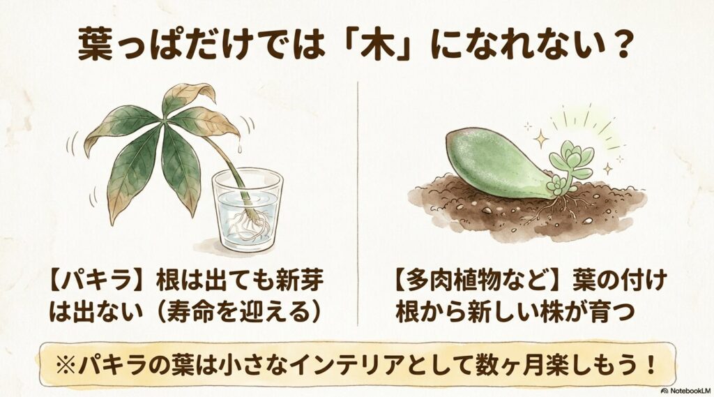 葉っぱだけの挿し木をした場合の違いを図解。パキラは根が出ても新芽は出ずに寿命を迎えるが、多肉植物は葉の付け根から新しい株が育つことを示すイラスト。