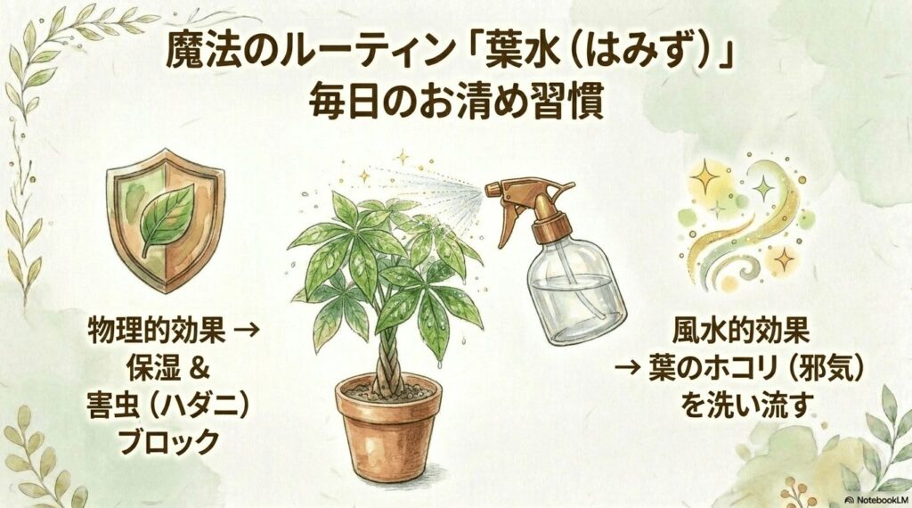 霧吹きでパキラに水を与えているイラスト。「葉水は、保湿や害虫ブロックといった物理的効果と、葉のホコリ（邪気）を洗い流す風水的効果がある魔法のルーティン」と解説するスライド