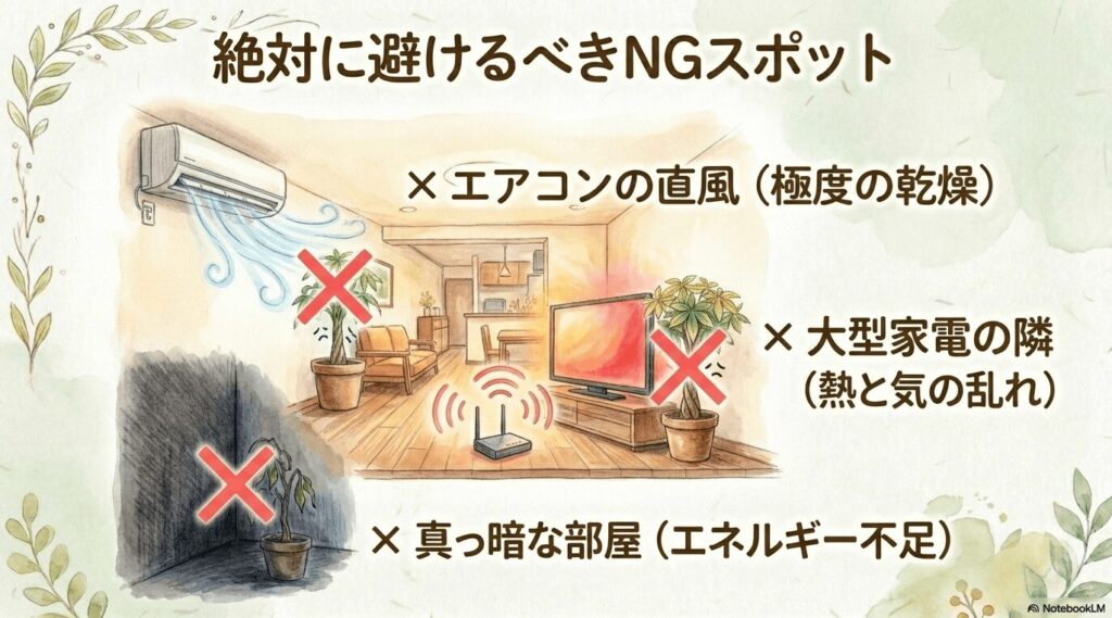 葉っぱを守る盾のイラスト。「エアコンの直風、大型家電の隣、真っ暗な部屋は、パキラにとって極度の乾燥やエネルギー不足になるため絶対に避けるべきNGスポット」と警告するスライド